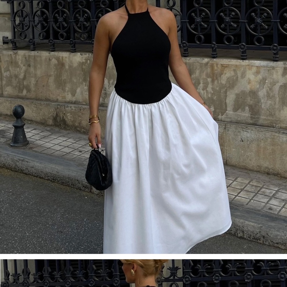 Mesh knit linen two tone midi dress
